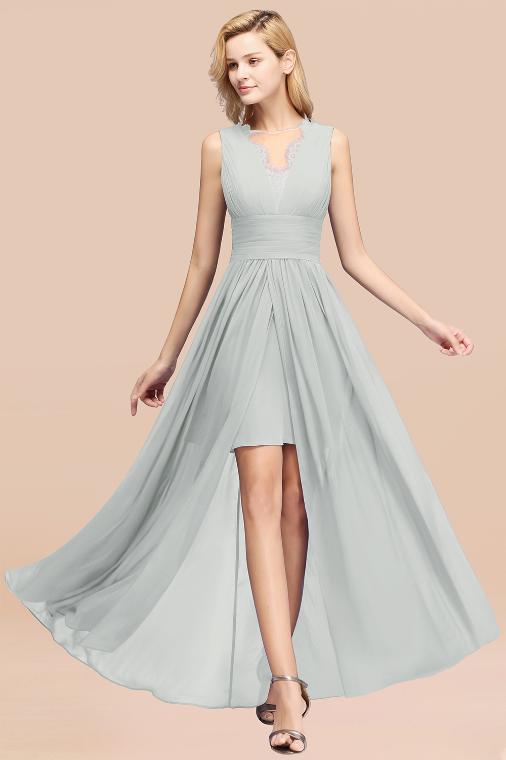 BMbridal Elegant Chiffon Lace Jewel Sleeveless Bridesmaid Dress with Ruffle-BMbridal