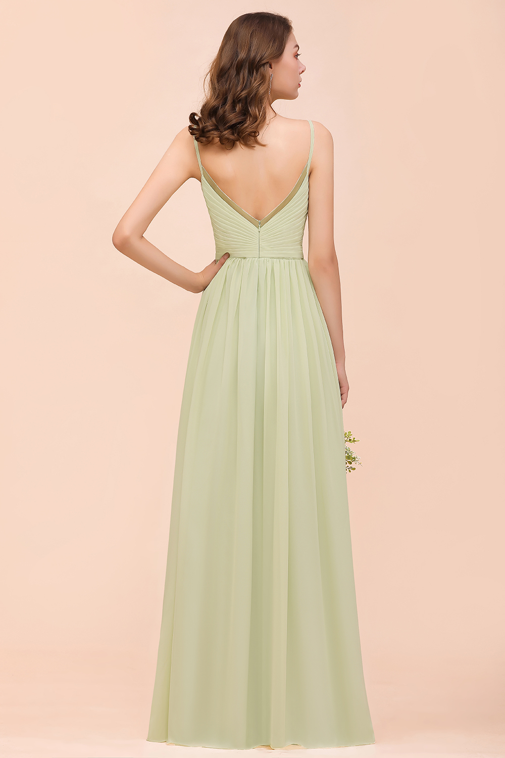BMbridal Popular V-Neck Sage Chiffon Affordable Bridesmaid Dress with Low Back-BMbridal