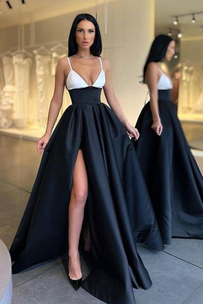 Black and White Spaghetti Strap V Neck Long Prom Dress With Front Split