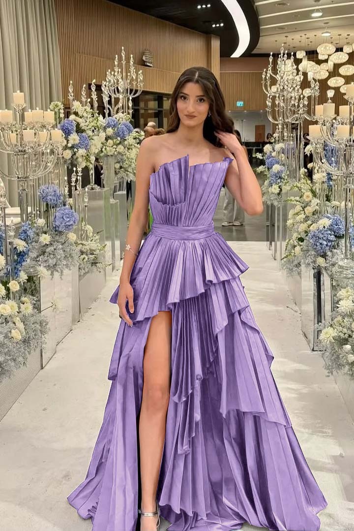 Charming Strapless Sleeveless Long Split Prom Dress With Pleated