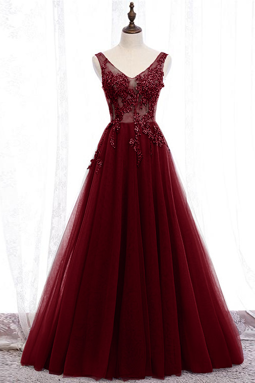 Glamorous Purple V Neck Sleeveless Long A Line Prom Dress With Appliques