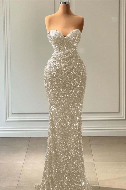 Blue Sleeveless Mermaid Sequins Prom Dress Sweetheart With Pleated