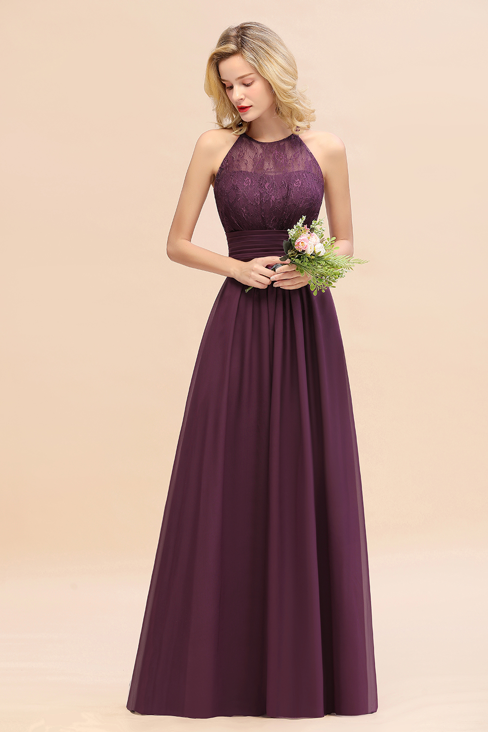 BMbridal Elegant Halter Ruffles Sleeveless Grape Lace Bridesmaid Dresses Affordable-BMbridal