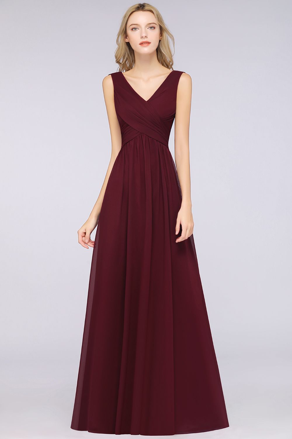 BMbridal Glamorous Chiffon V-Neck Sleeveless Burgundy Bridesmaid Dress with Draped Back-BMbridal