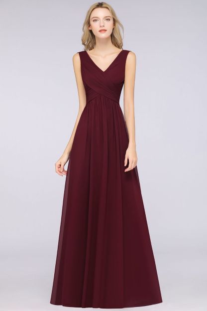 BMbridal Glamorous Chiffon V-Neck Sleeveless Burgundy Bridesmaid Dress with Draped Back-BMbridal