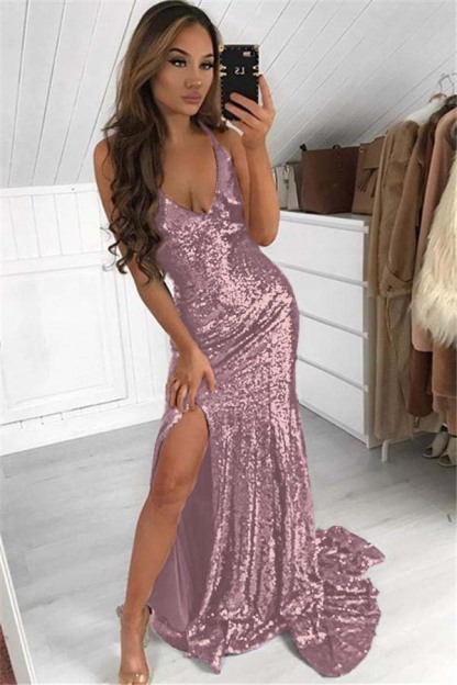 Dark Navy Halter Sleeveless Split Long Sequins Prom Dress Modern V Neck