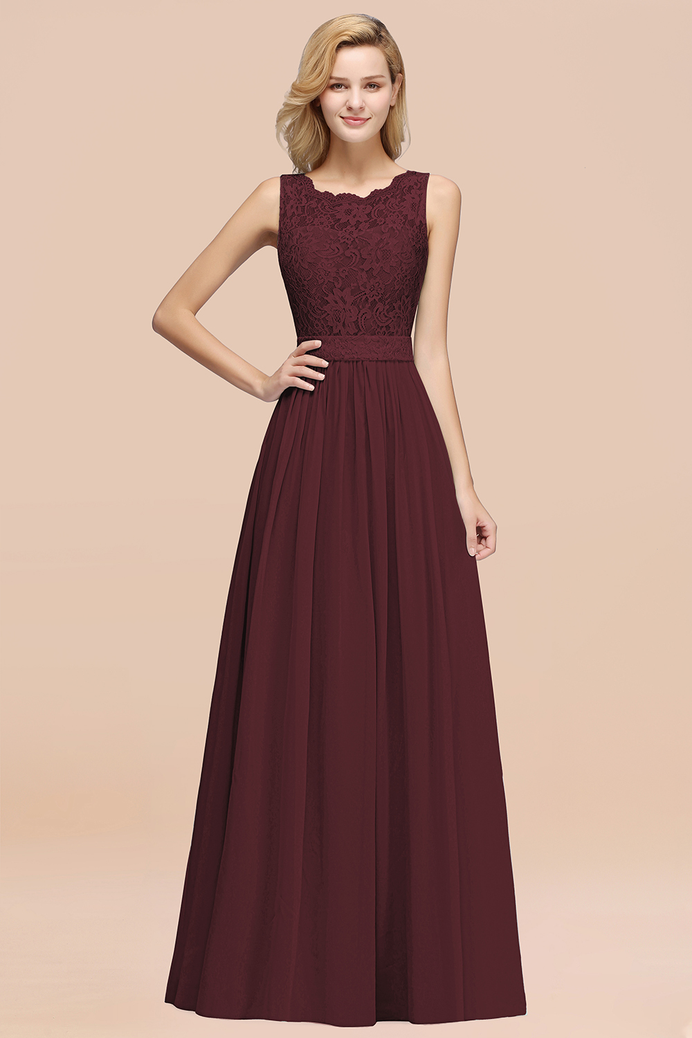 BMbridal Elegant Chiffon Lace Scalloped Sleeveless Ruffle Bridesmaid Dresses-BMbridal