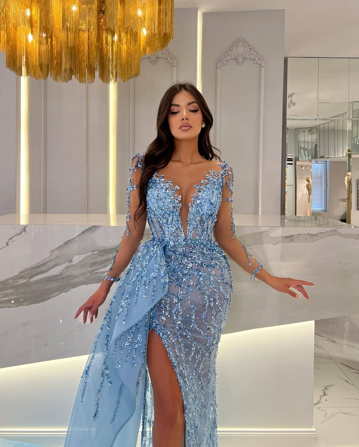 Shiny Blue Split Long Sleeves Mermaid Beaded Prom Dress Appliques Tulle
