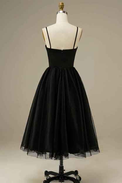 Black Tulle A-line Midi Simple Prom Dress