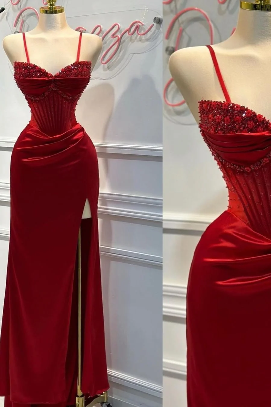 Red Spaghetti Strap Sleeveless Beading Long Prom Dress With Split