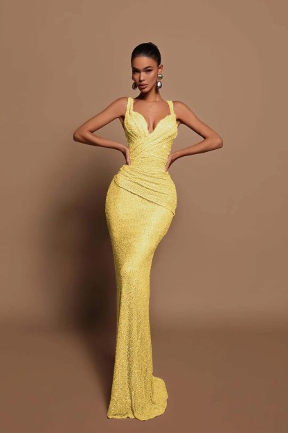 Sexy Pink Long Sequins Prom Dress V Neck Mermaid Sleeveless