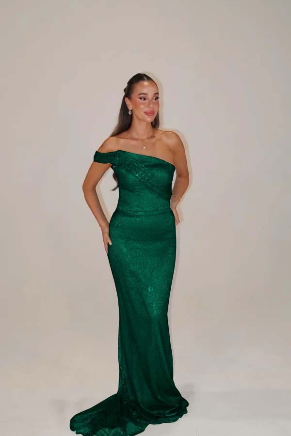 Sequins One Shoulder Sleeveless Long Mermaid Prom Dress With Pleated
