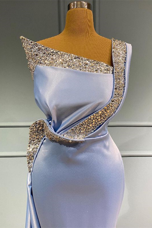 Light Blue One Shoulder Sleeveless Mermaid Long Beads Prom Dress With Ruffles