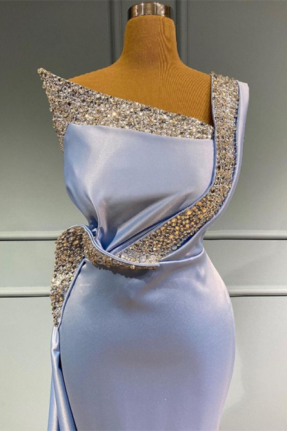 Light Blue One Shoulder Sleeveless Mermaid Long Beads Prom Dress With Ruffles