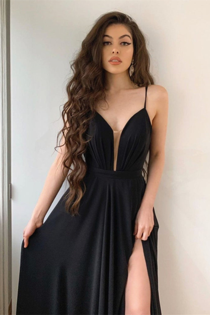 Charming Black Spaghetti Strap Sleeveless Long Prom Dress With Front Split