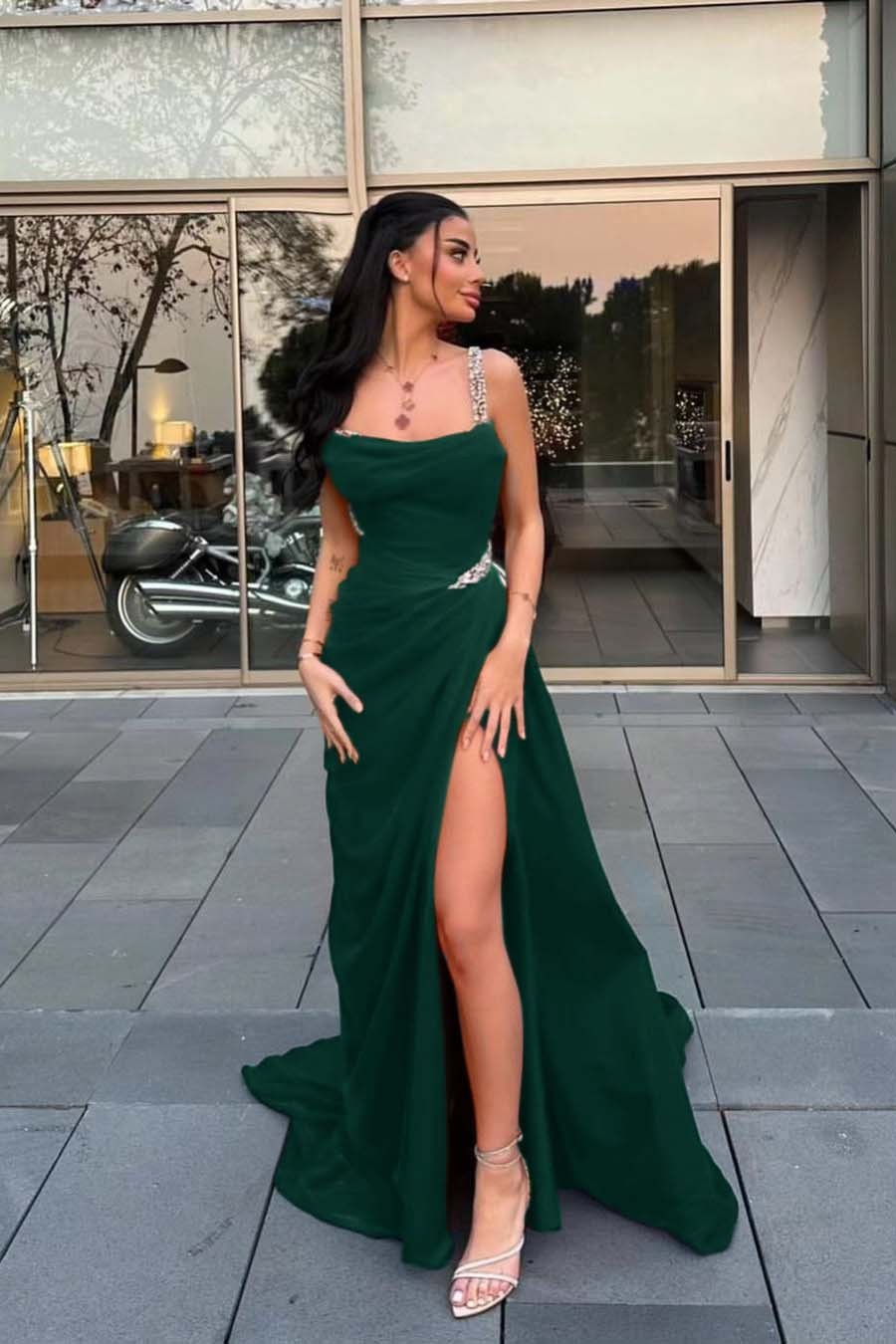 Spaghetti Strap Sleeveless Long Prom Dress With Split Beading