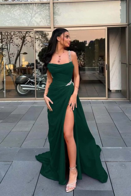 Spaghetti Strap Sleeveless Long Prom Dress With Split Beading