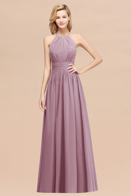 BMbridal Elegant High-Neck Halter Long Affordable Bridesmaid Dresses with Ruffles-BMbridal