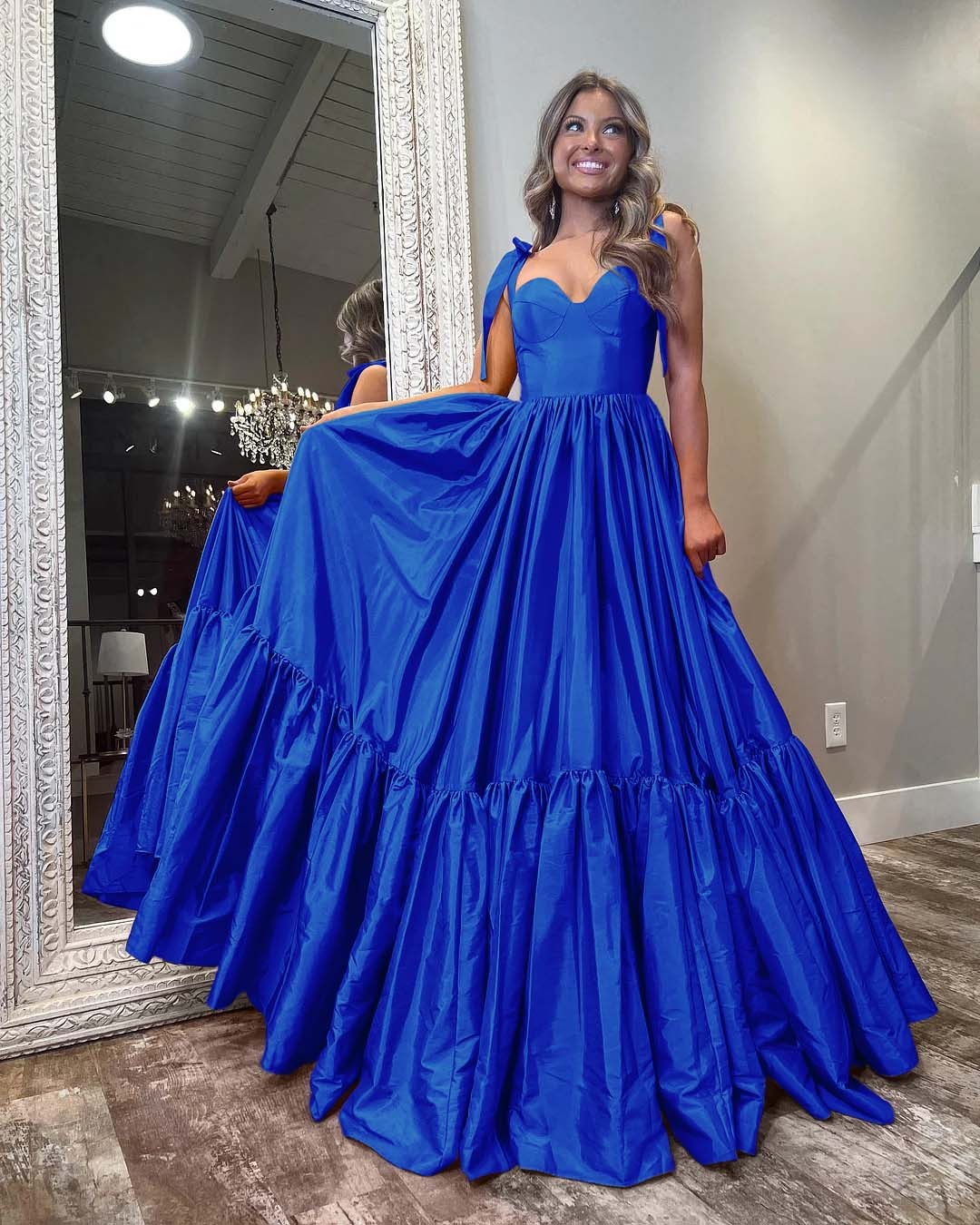 Sleeveless Straps Sweetheart Long Prom Dress With Ruffles Pleated