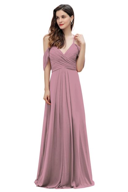 Elegant A-line Off-the-Shoulder V-neck Ruched Long Bridesmaid Dress-BMbridal