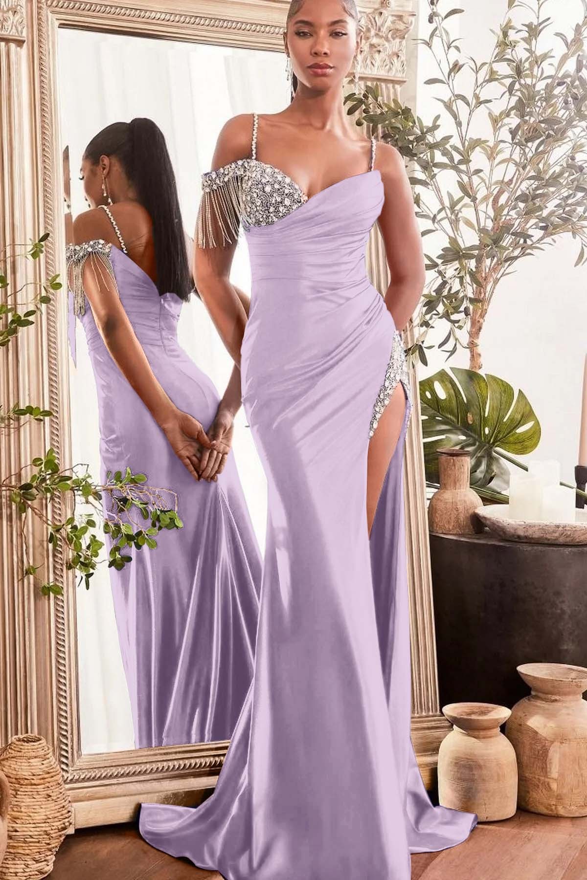 Spaghetti Strap Sleeveless Split Long Mermaid Prom Dress With Beading
