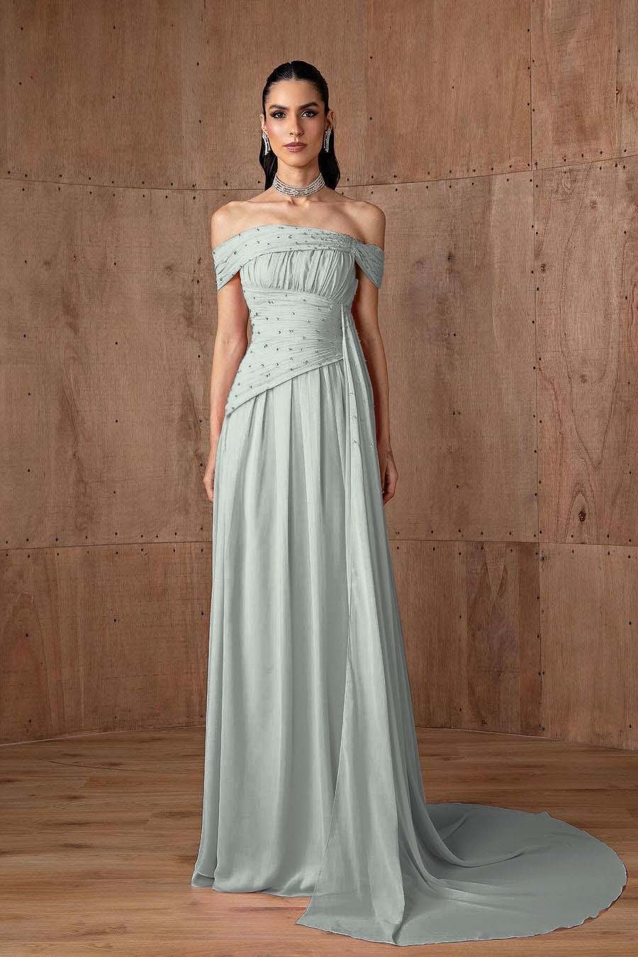 Off the Shoulder Sleeveless Strapless Ruffles Long Prom Dress With Beading