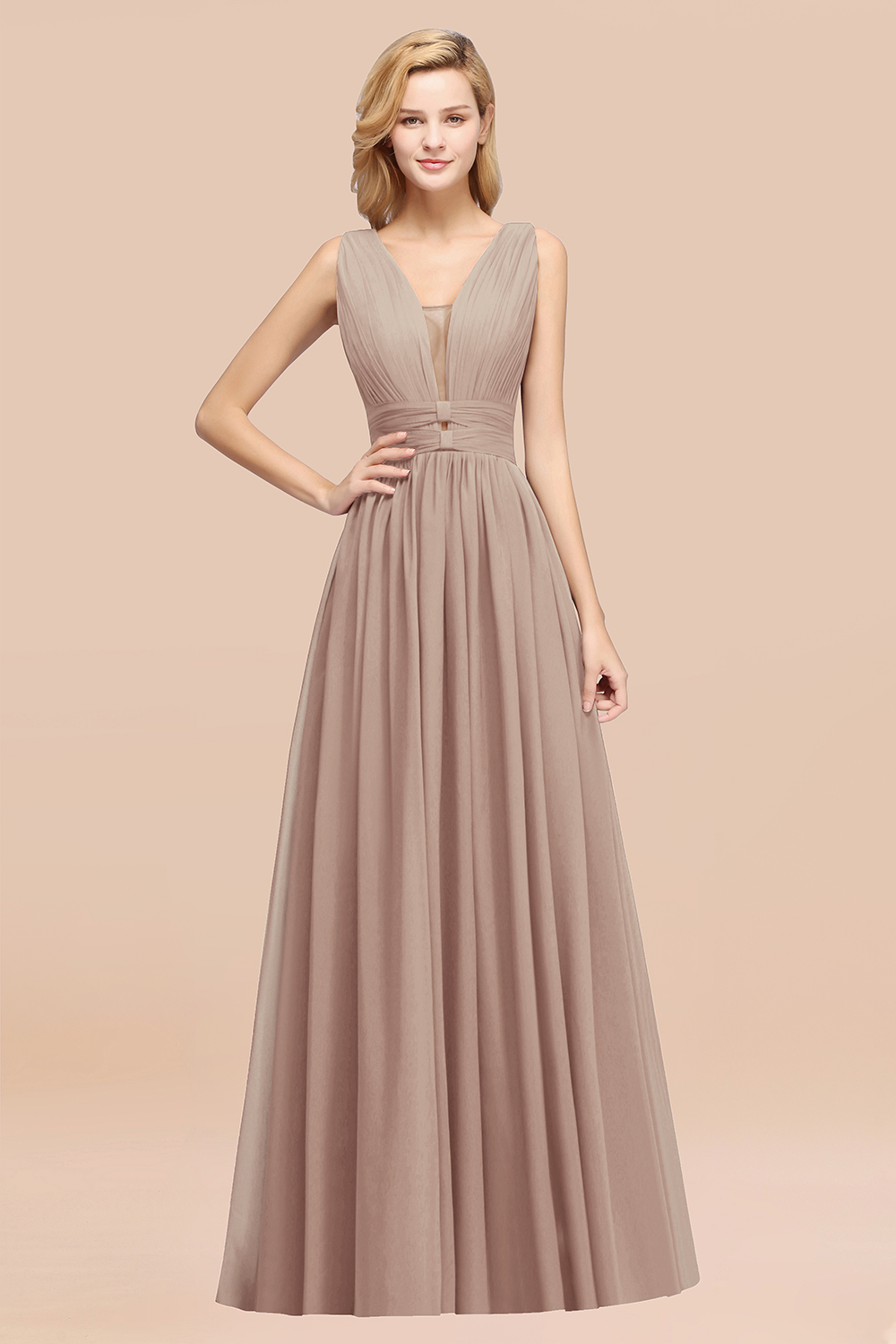 BMbridal Modest Dark Green Long Bridesmaid Dress Deep V-Neck Chiffon Maid of Honor Dress-BMbridal