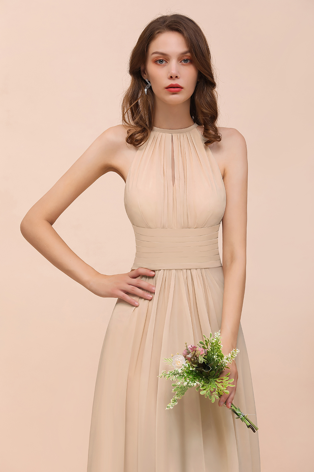 BMbridal Elegant Chiffon Jewel Ruffle Champagne Affordable Bridesmaid Dress Online-BMbridal