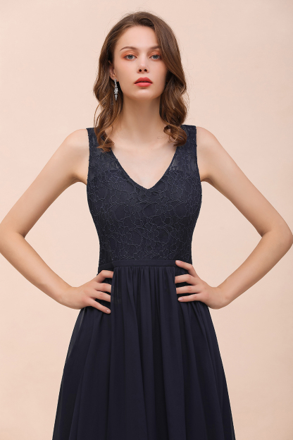 BMbridal Affordable Lace V-Neck Navy Bridesmaid Dress with Open Back-BMbridal