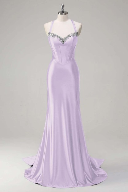 Halter Sleeveless Long Mermaid Prom Dress With Beading Pleated