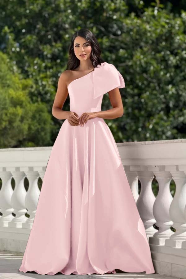 One Shoulder Sleeveless Long Prom Dress With Pleated Bowknot