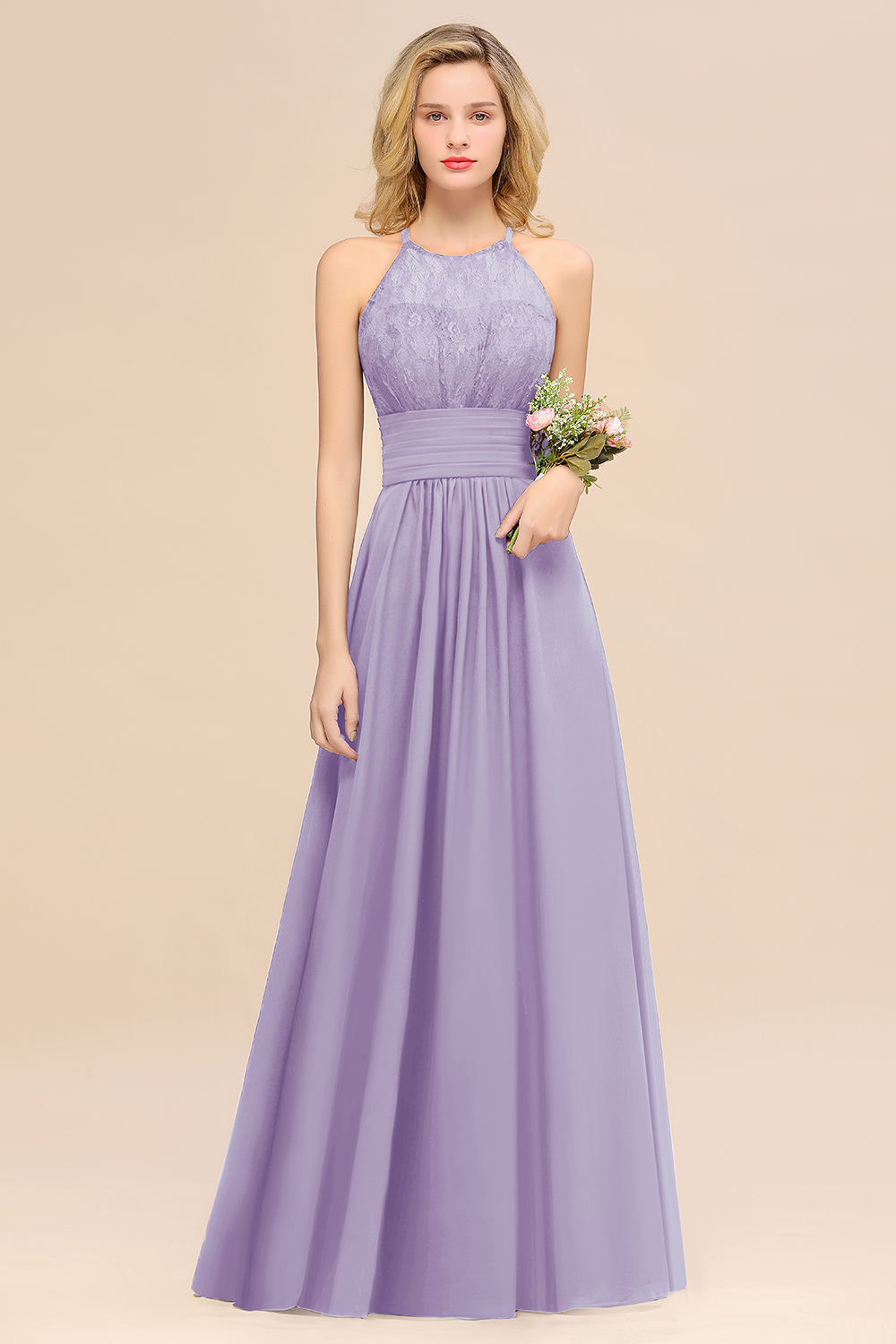 BMbridal Elegant Halter Ruffles Sleeveless Grape Lace Bridesmaid Dresses Affordable-BMbridal