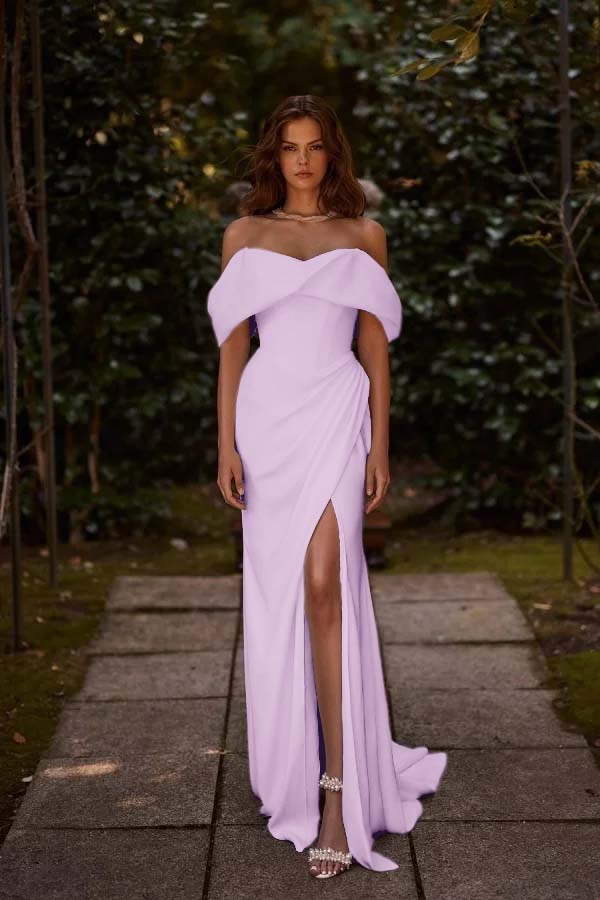 Off the Shoulder Sleeveless Long Mermaid Prom Dress With Split Pleated