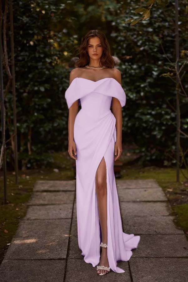 Off the Shoulder Sleeveless Long Mermaid Prom Dress With Split Pleated