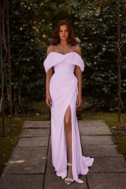 Off the Shoulder Sleeveless Long Mermaid Prom Dress With Split Pleated