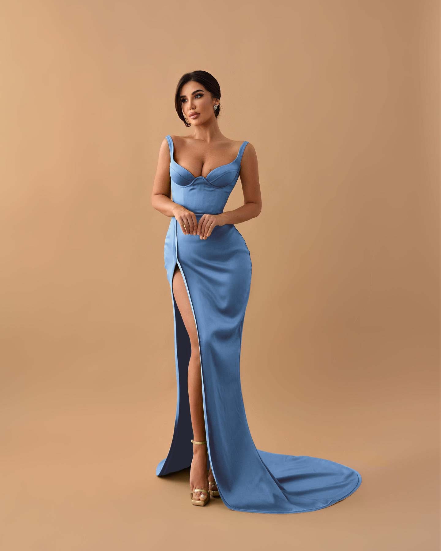 Sage Mermaid Spaghetti Strap Sleeveless Long Prom Dress With High Split