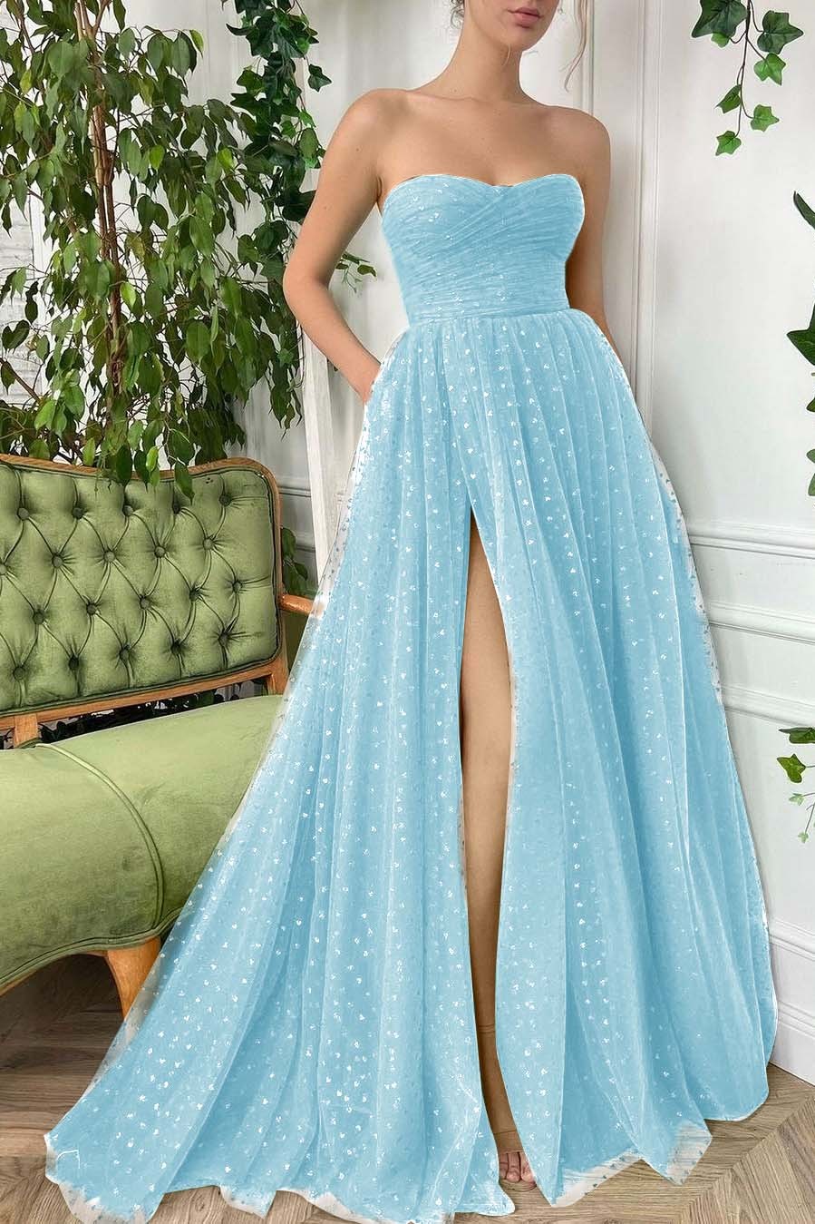 Tulle Sleeveless Strapless Long Split Prom Dress With Pleated