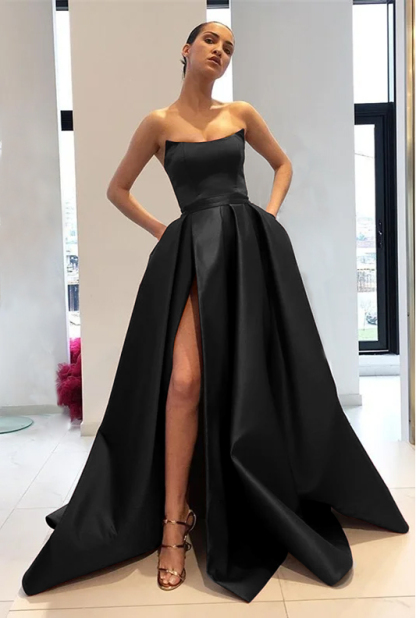 Chic Strapless Burgundy Sleeveless A Line Long Prom Dress With Front Split