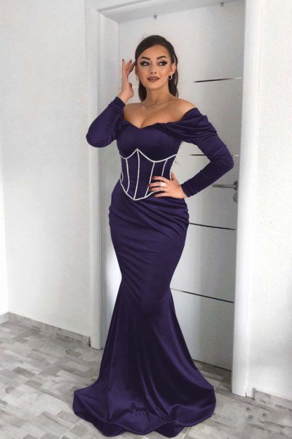 Off the Shoulder Prom Dress Dark Green Long Sleeves Mermaid