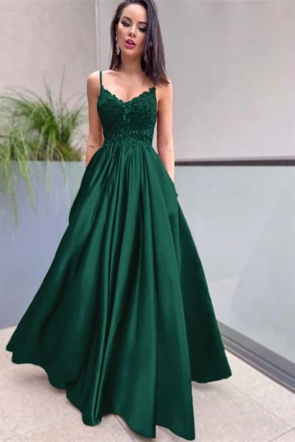 Royal Blue Sleeveless Lace A Line Long Prom Dress Appliques With Pockets