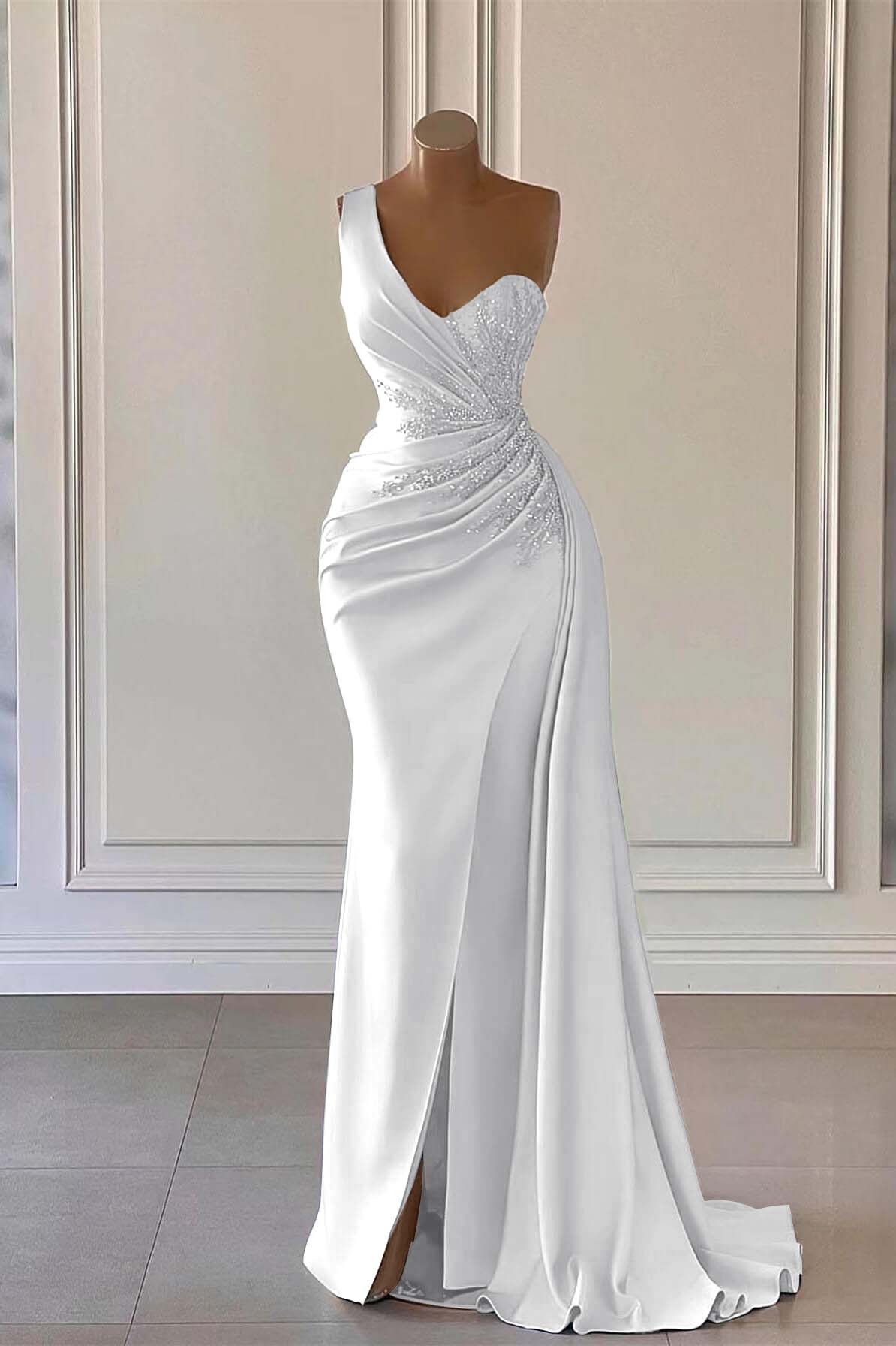 Charming Luxury One Shoulder Long Prom Dress Mermaid Split With Ruffles