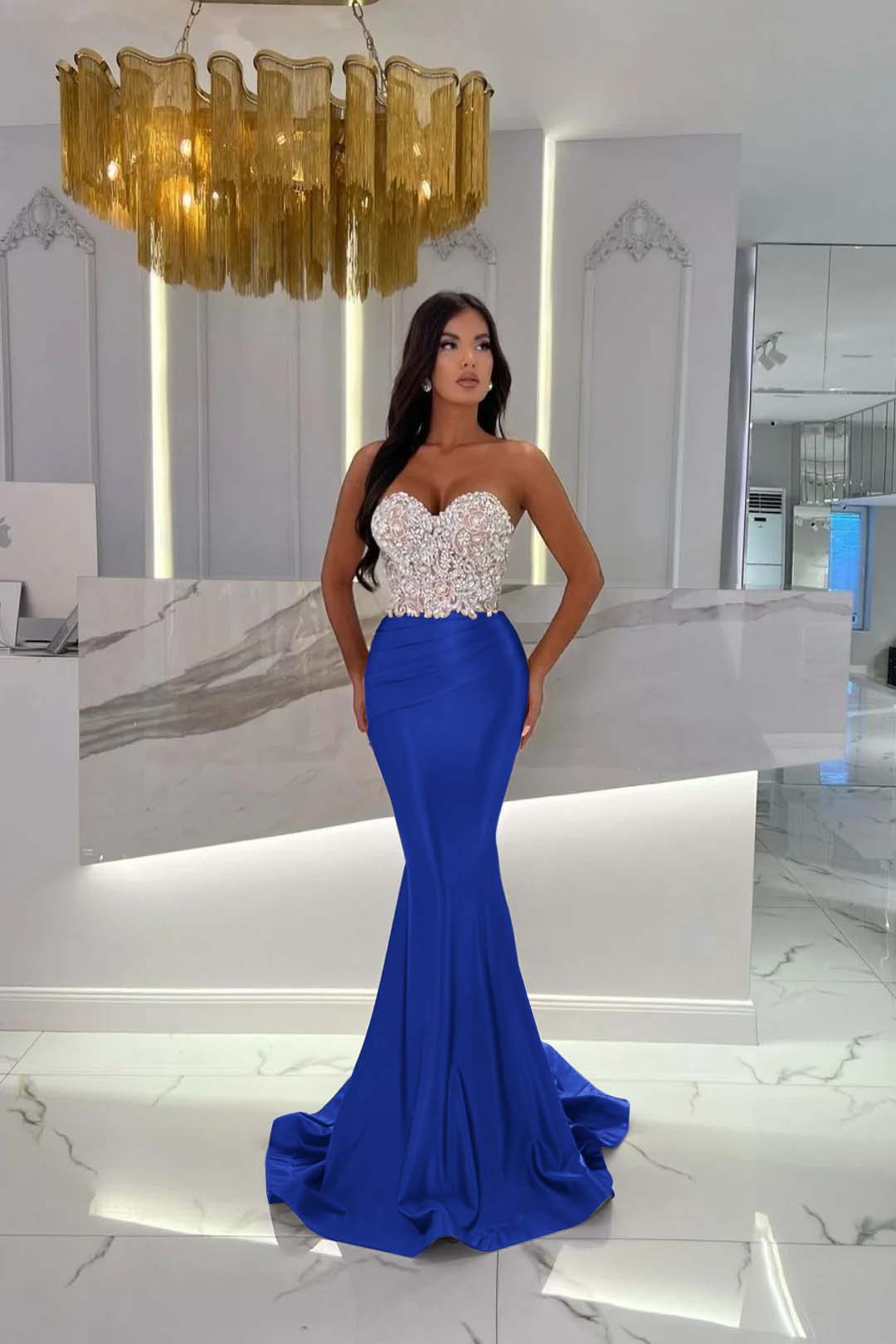 Prom Dress Satin Gold Sweetheart Sleeveless Strapless With Rhinstone Mermaid