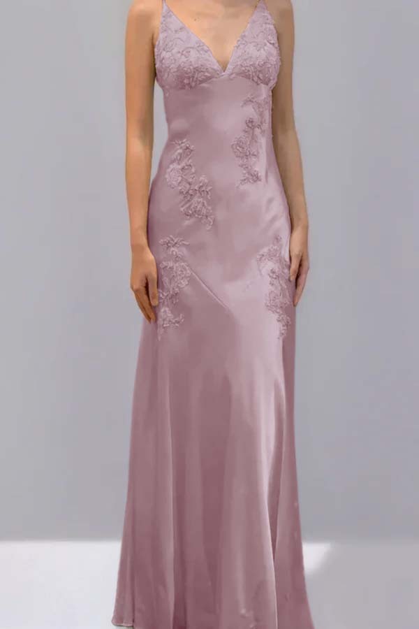 Spaghetti Strap V Neck Sleeveless Long Prom Dress With Appliques