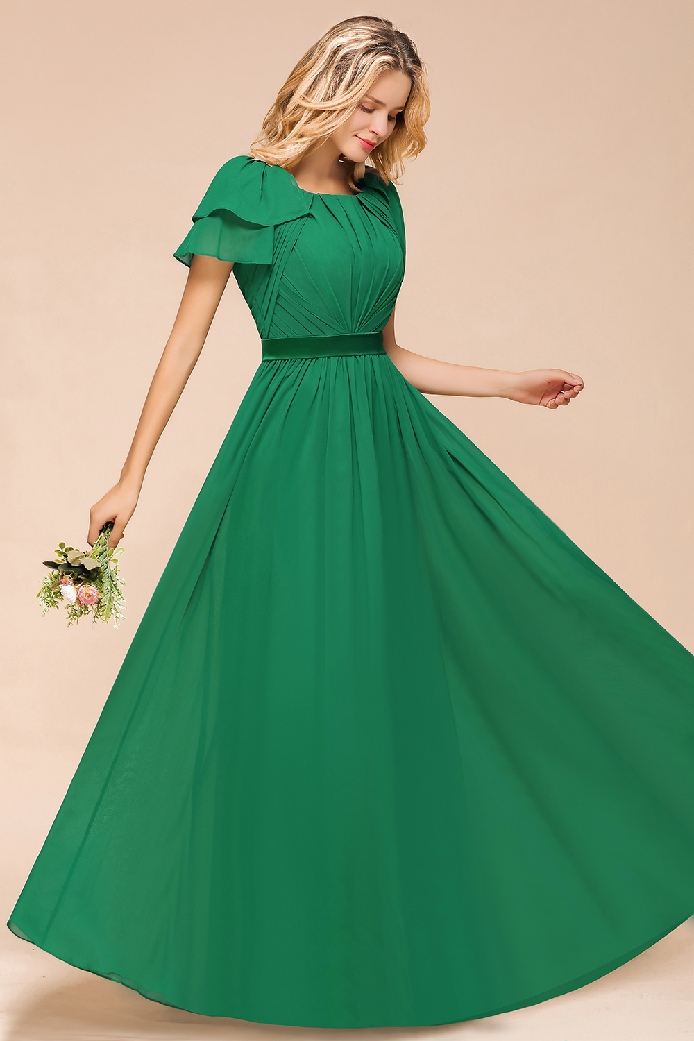 BMbridal Emerald Short Sleeves Chiffon Ruffles Long Bridesmaid Dresses Online-BMbridal