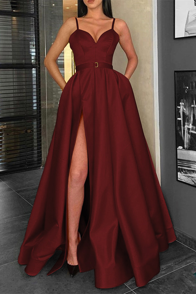 Elegant Red Spaghetti Straps Sweetheart Sleeveless Evening Dresses With Split