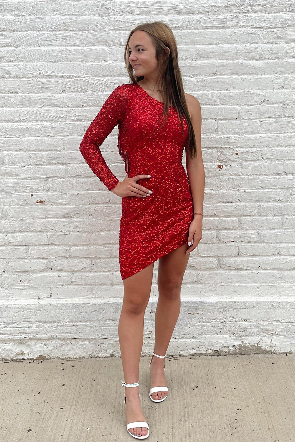 Sparkly Sky Blue One Shoulder One Sleeve Tight Homecoming Dress with Fringes-BMbridal.UK