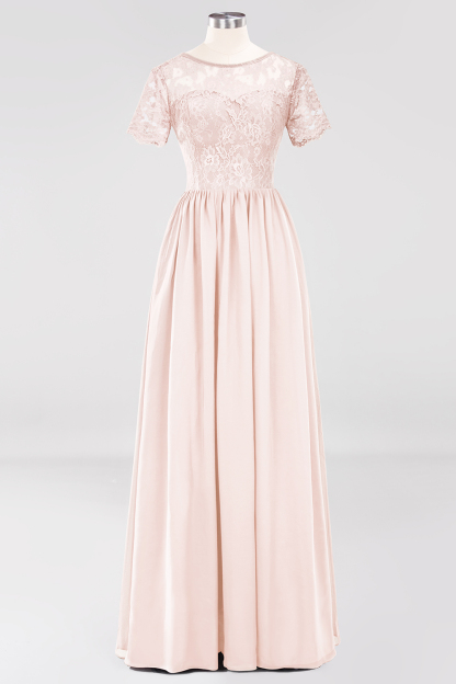 BMbridal Elegant Dark Navy Long Lace Bridesmaid Dresses with Short-Sleeves-BMbridal