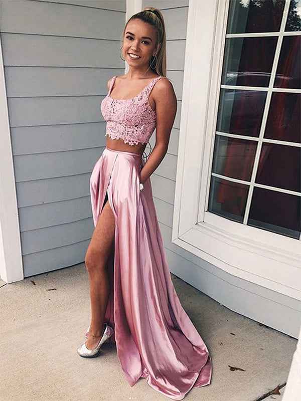 Pink A Line Lace Two Pieces Long Prom Dress with Slit