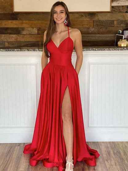 Red A Line Spaghetti Straps V Neck Satin Long Prom Dress with Slit