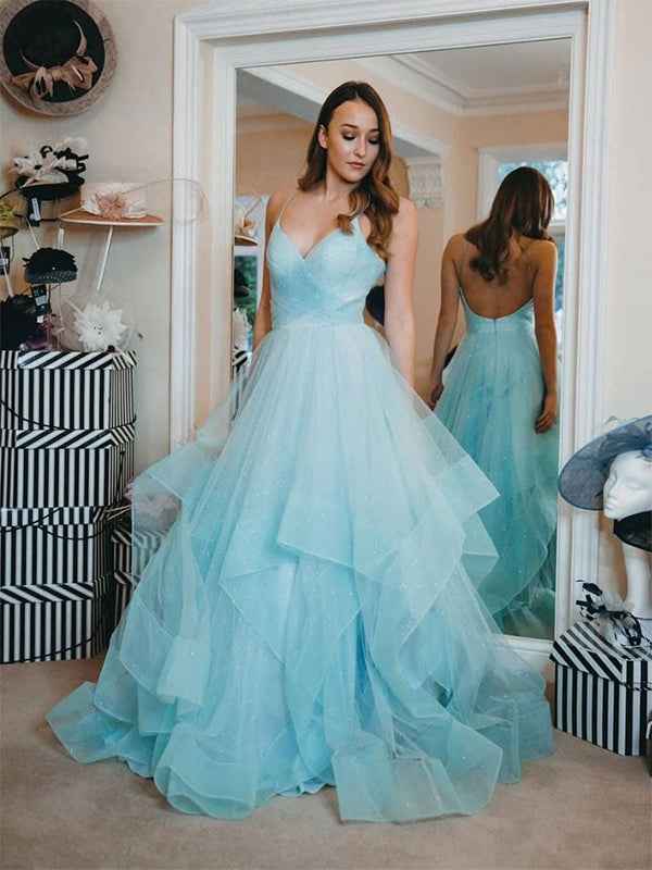 Blue A Line Spaghetti Straps V Neck Tulle Long Prom Dress